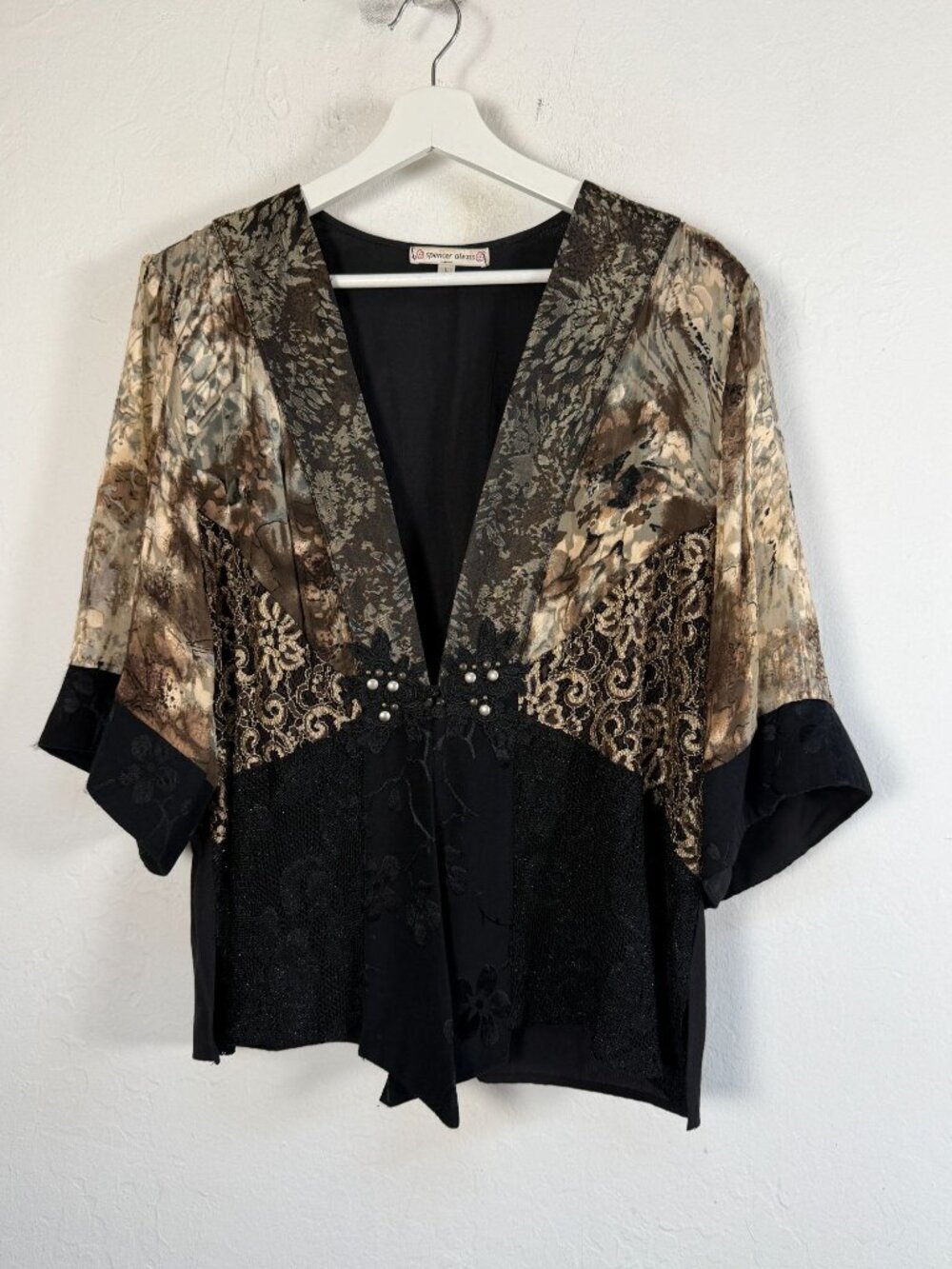 SPENCER ALEXIS Womens Large Black Gold Mixed Media Kimono Top Jacket Avant Garde